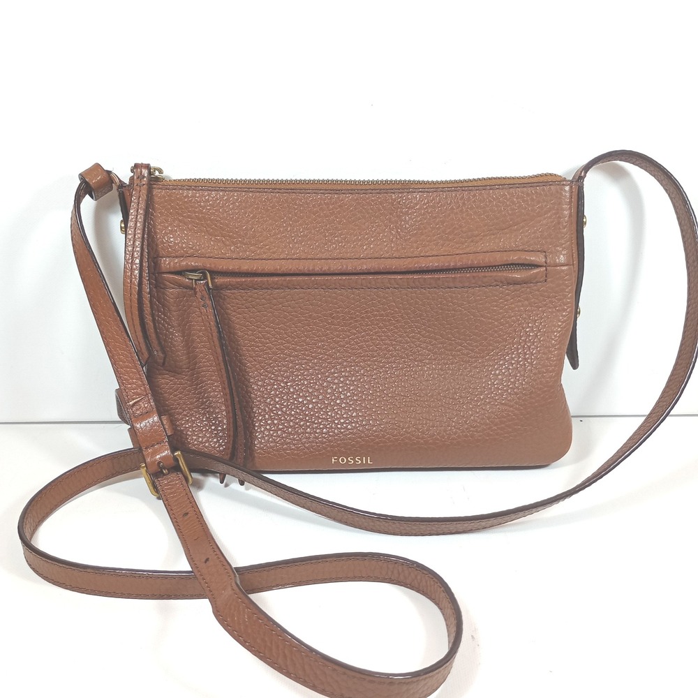 Fossil Fiona Crossbody Bag Small Cognac Brown Pebbled Leather Purse Handbag
